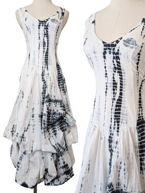 Tie Dye Midi Dress Baba Size S Ties Gathered Boho White Black
